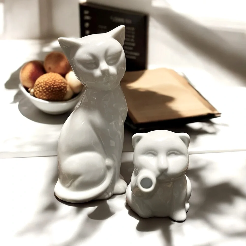 White Porcelain Cat Set - 8” Figurine & 3 1/2” Sur La Table Creamer